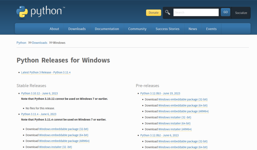 Windows用にリリースされている各バージョンのインストーラーへのリンクがあるページの画像