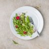 Healthy arugula and radish salad with seeds on white plate viewed from above.