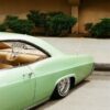 Retro green car parked curbside in an urban setting, showcasing vintage style.