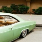 Retro green car parked curbside in an urban setting, showcasing vintage style.