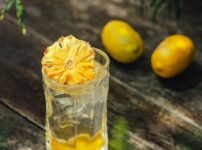 A cool citrus beverage with ice and a dried citrus garnish, set outdoors on a rustic wooden table.
