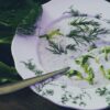 Cucumber dill yogurt soup in elegant floral bowl, perfect for a refreshing meal.