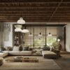 Spacious living room with a large sofa and rustic decor.
