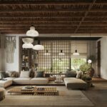 Spacious living room with a large sofa and rustic decor.