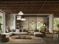 Spacious living room with a large sofa and rustic decor.
