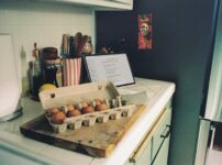 Carton of brown eggs on a kitchen counter